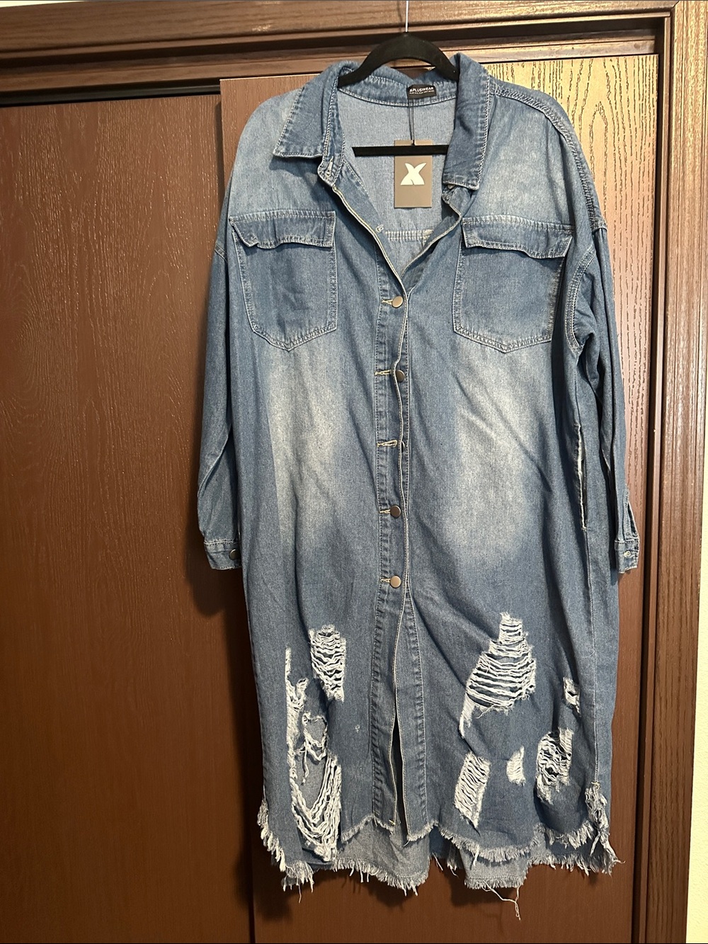 Women's Light Blue Distressed Denim Long Sleeve Shirt Dress